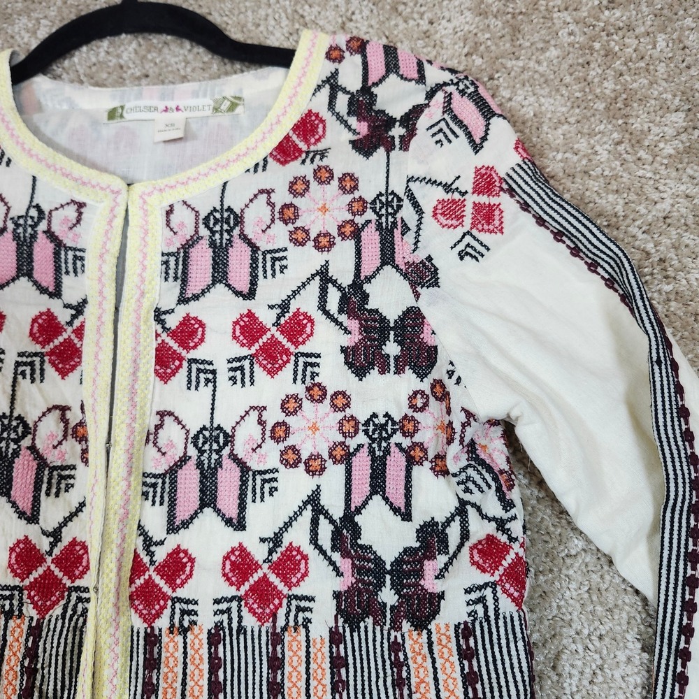 Chelsea & Violet Jacket Embroidered Boho Floral Ivory Pink Red‎ Size XS - Picture 3 of 12